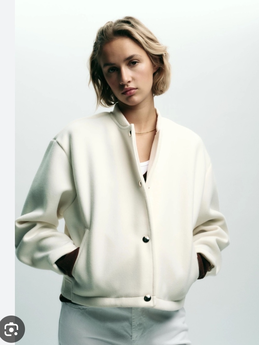 Zara Cream Bomber Jacket with Snap Buttons | S